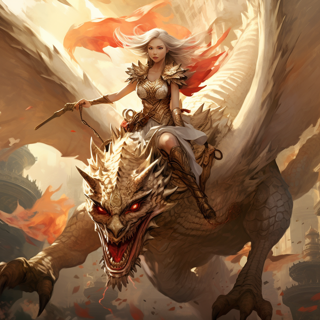 Chinese female warrior on albino dragon