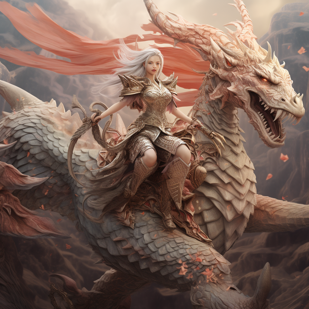 Chinese female warrior riding albino dragon