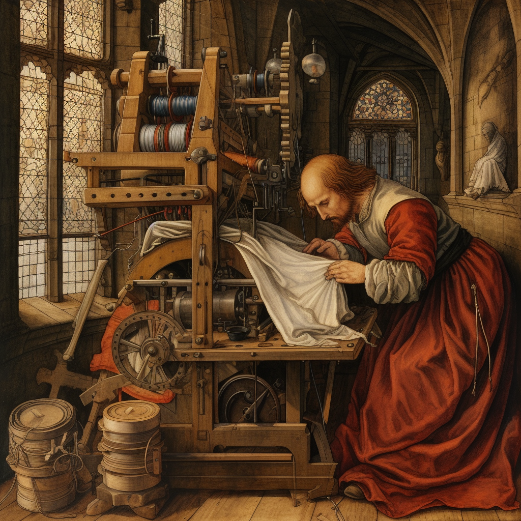 Medieval cloth weaver creating fabric