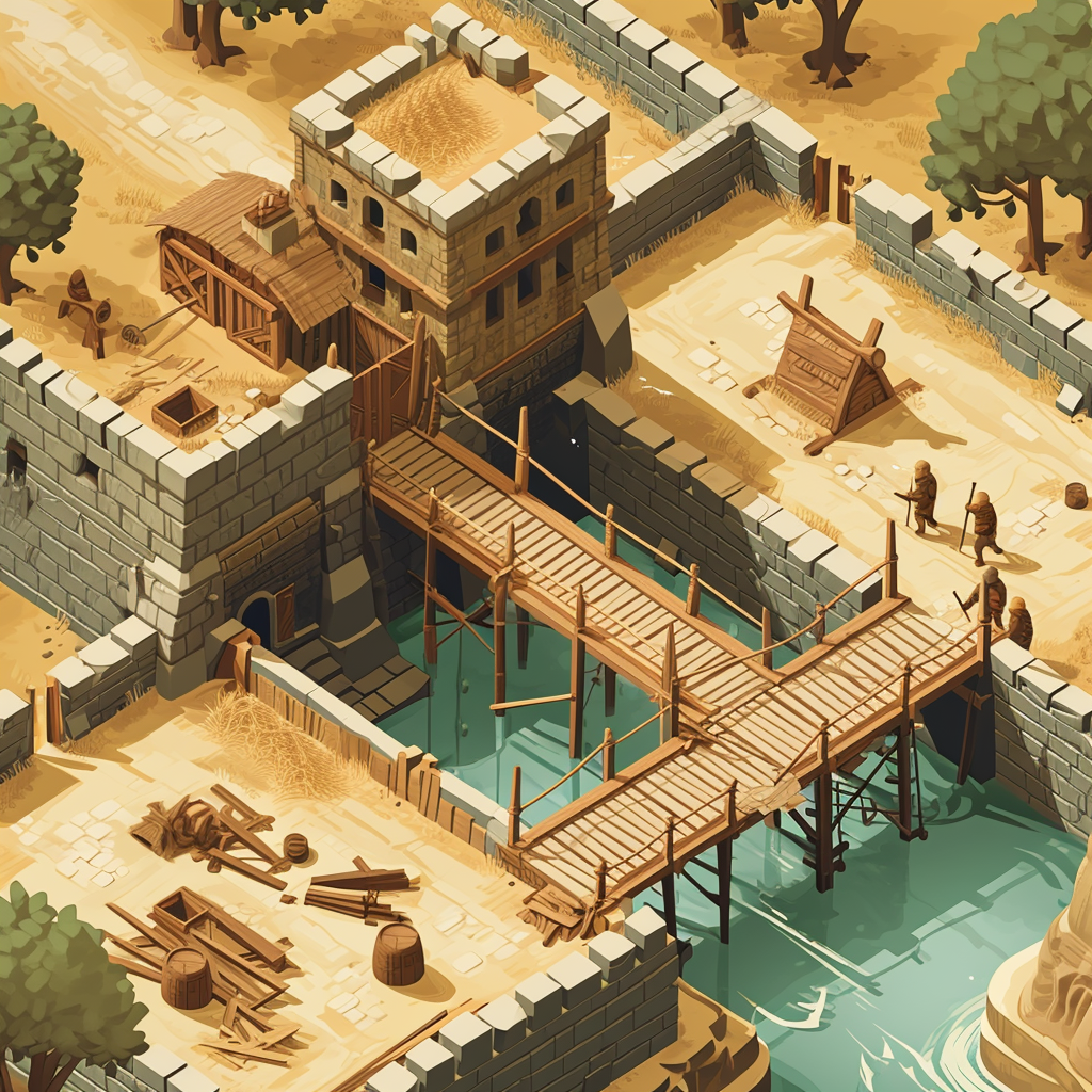 Isometric illustration of medieval construction site with wooden foundation