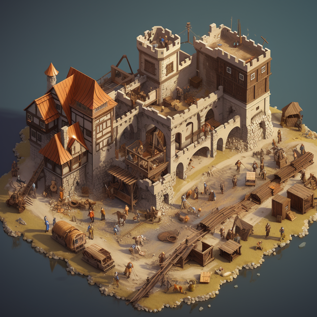 Isometric medieval construction site illustration