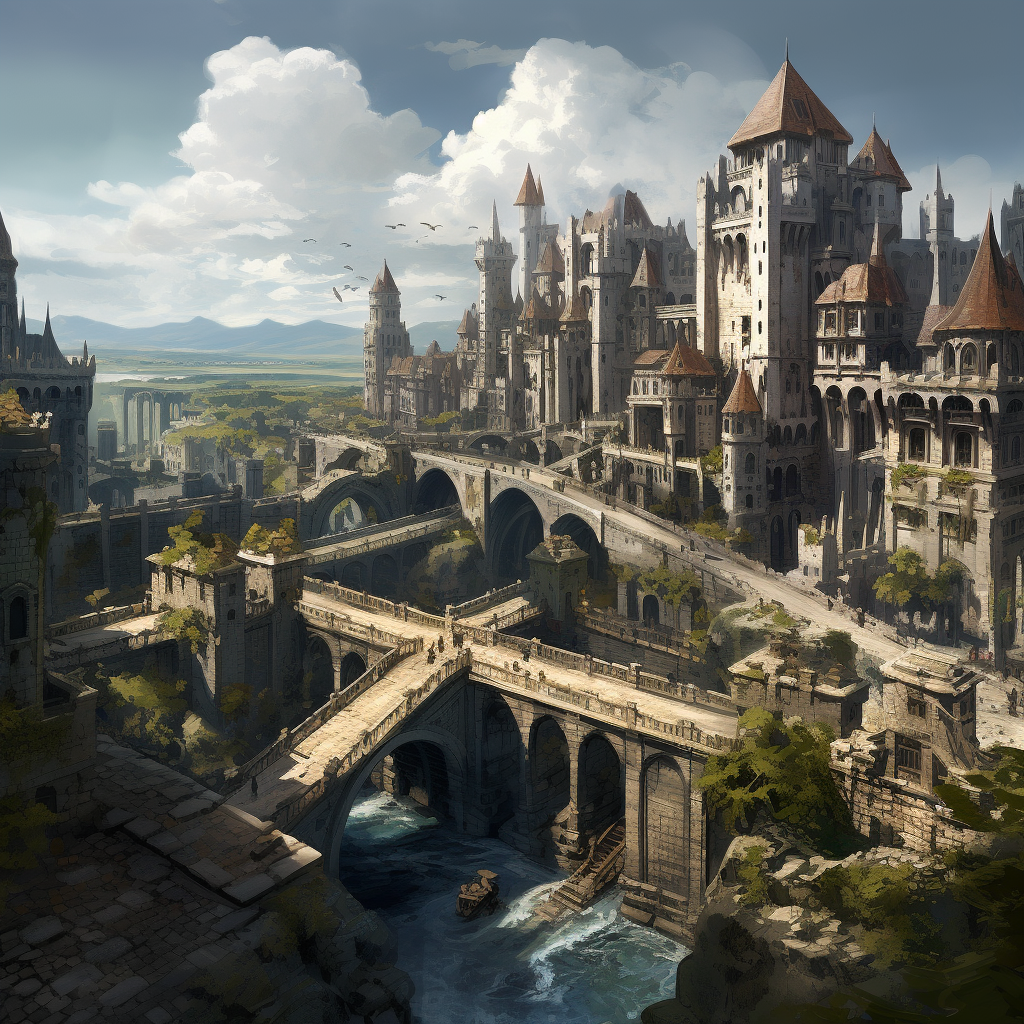 Magnificent medieval D&D city entrance bridge