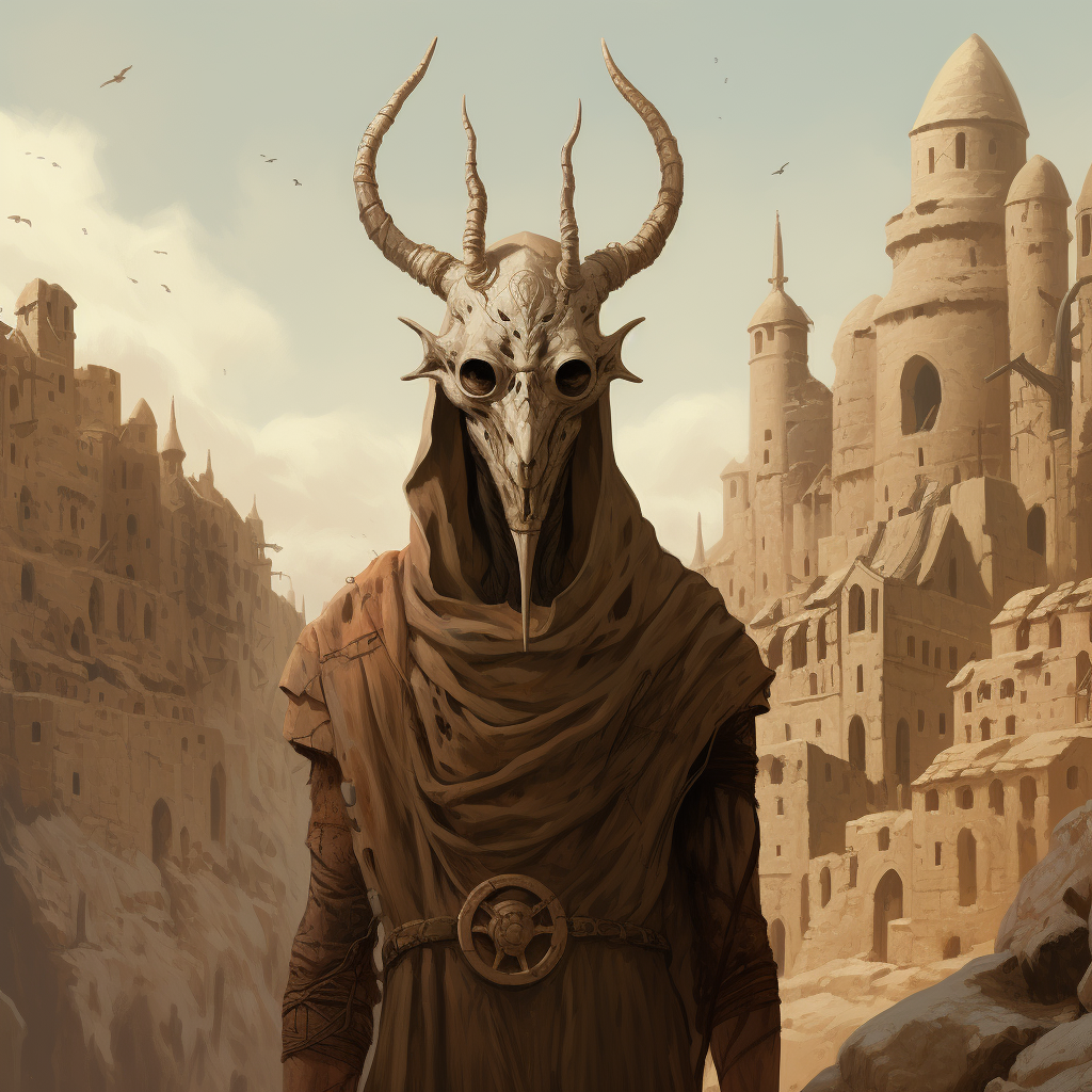 Man in medieval desert town with antlers