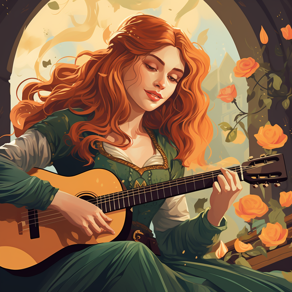 Medieval fantasy bard woman with cute redhead