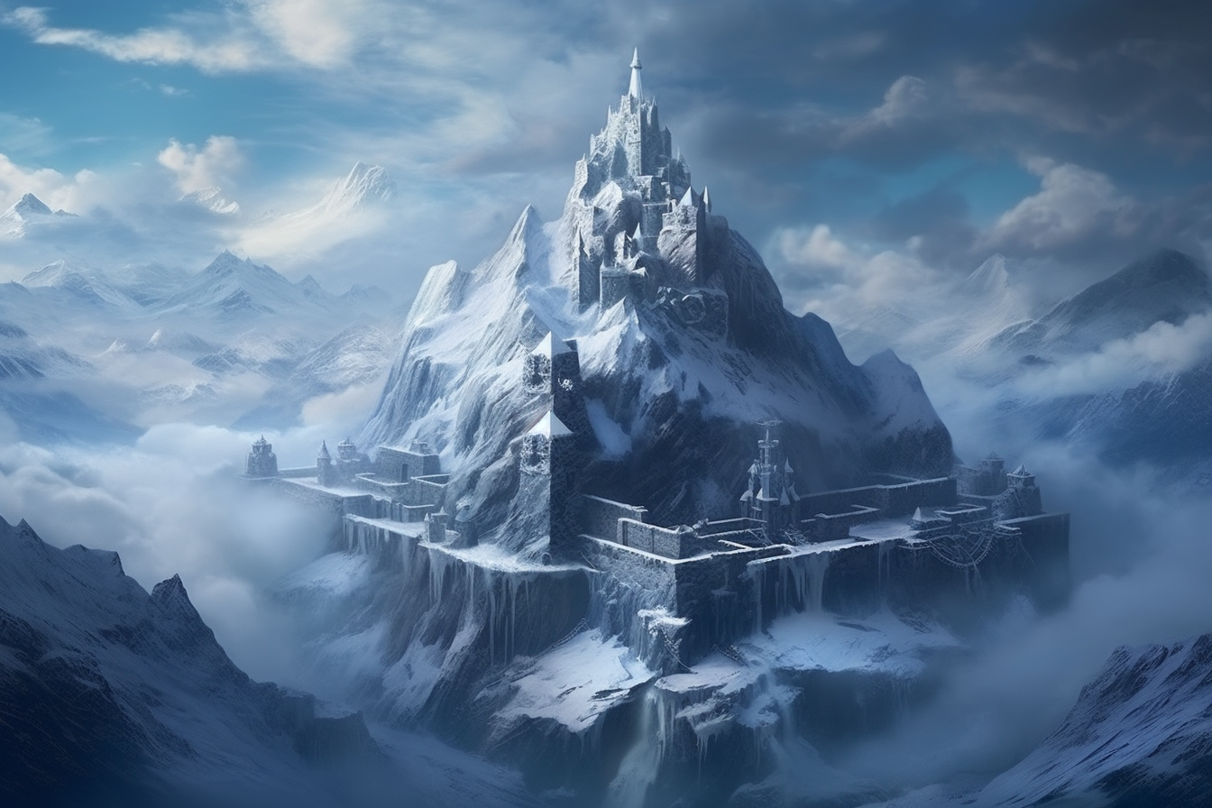 Enchanting medieval fantasy castle in snowy mountains