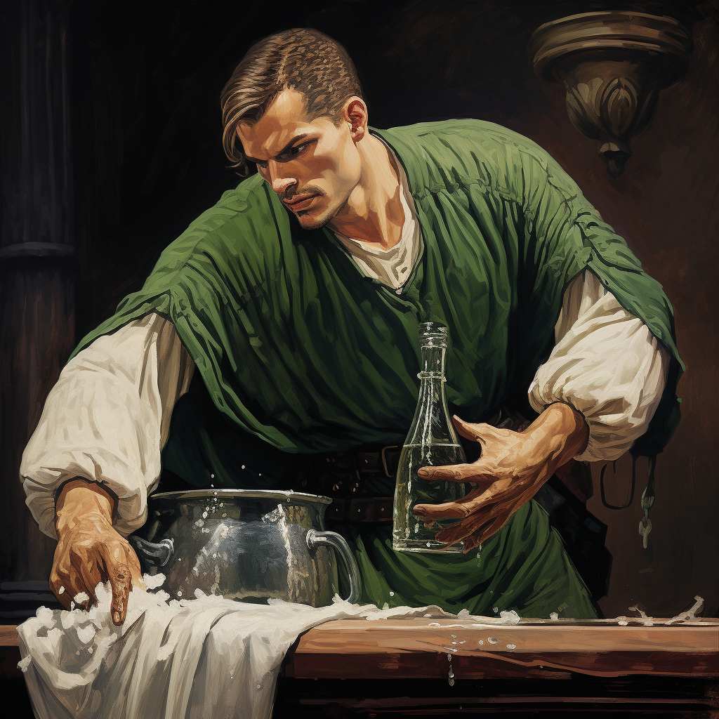 Ugly medieval fantasy male barkeep cleaning glass