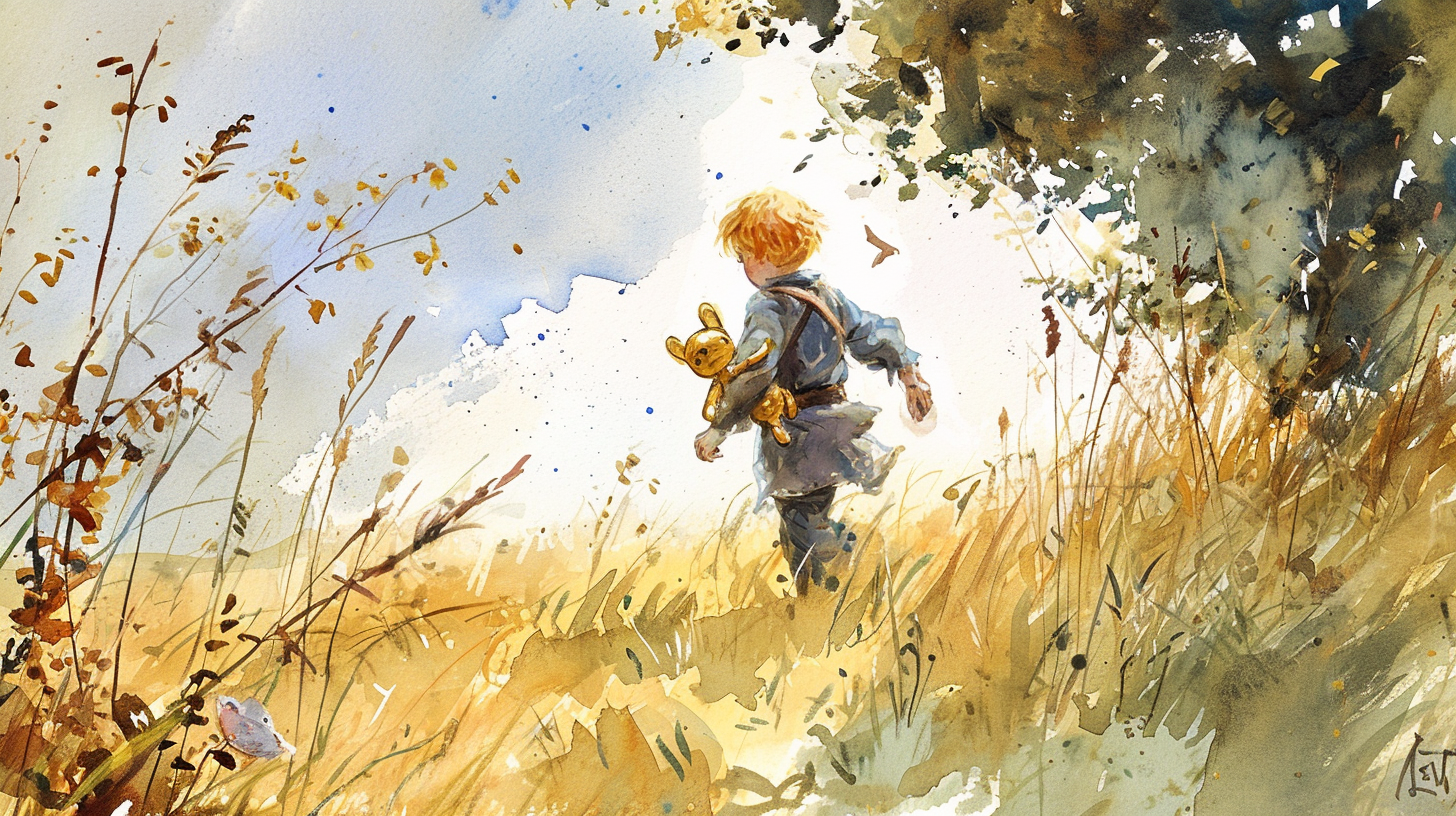 Watercolor illustration of a medieval farm boy with a golden knight doll