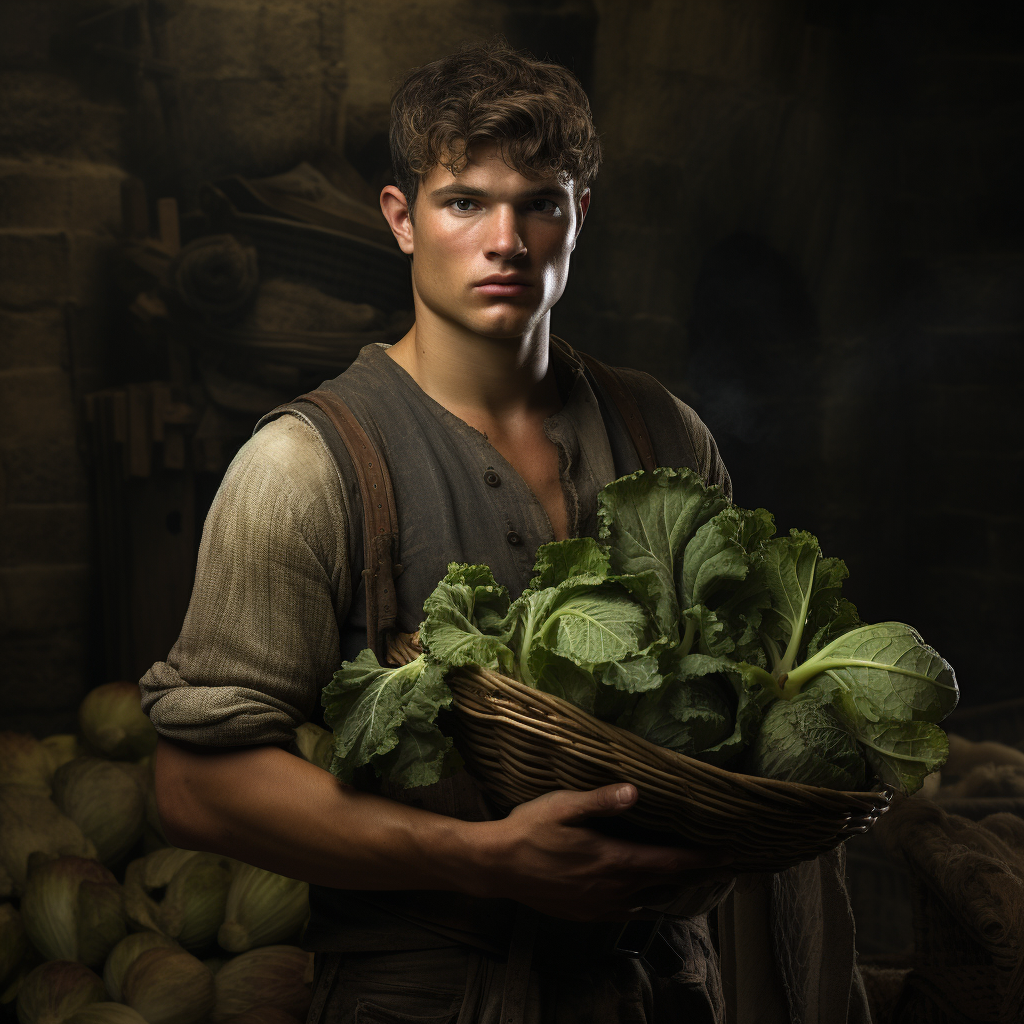 Young male medieval farm worker holding farm produce