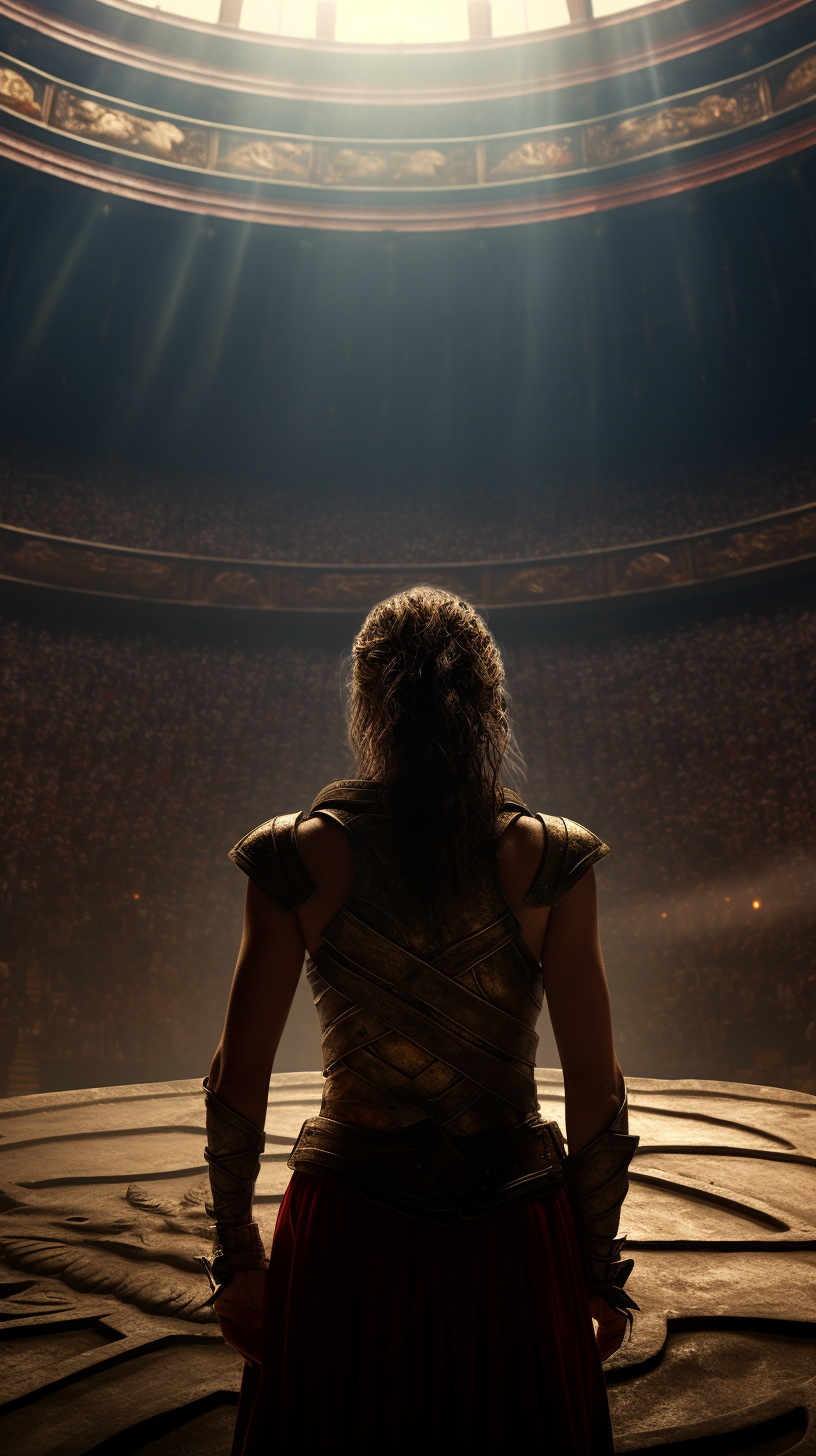 Female gladiator prisoner entering medieval fight arena