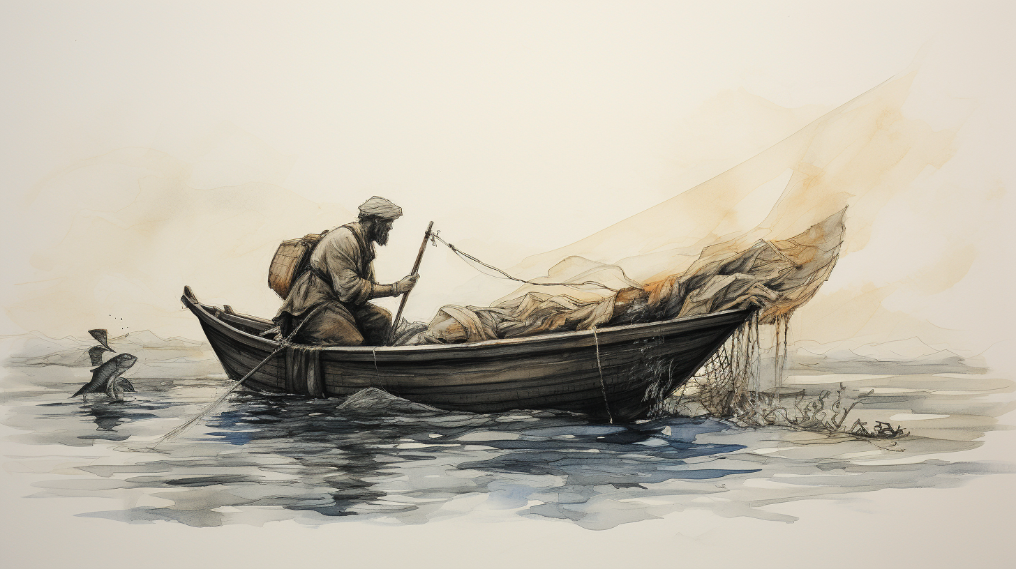 Medieval fisherman casting nets in a boat