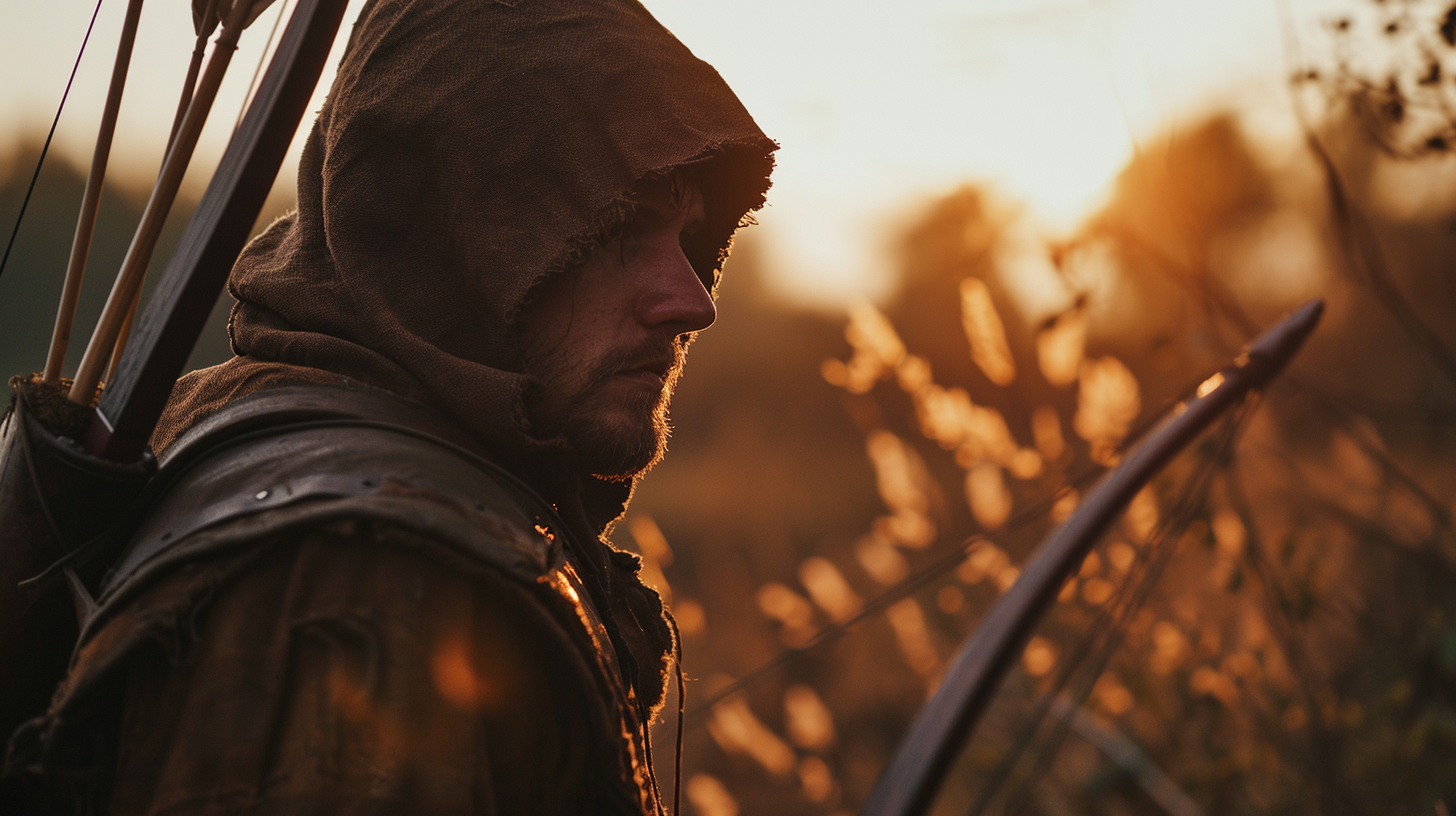 Astonishing medieval hooded archer with an English bow