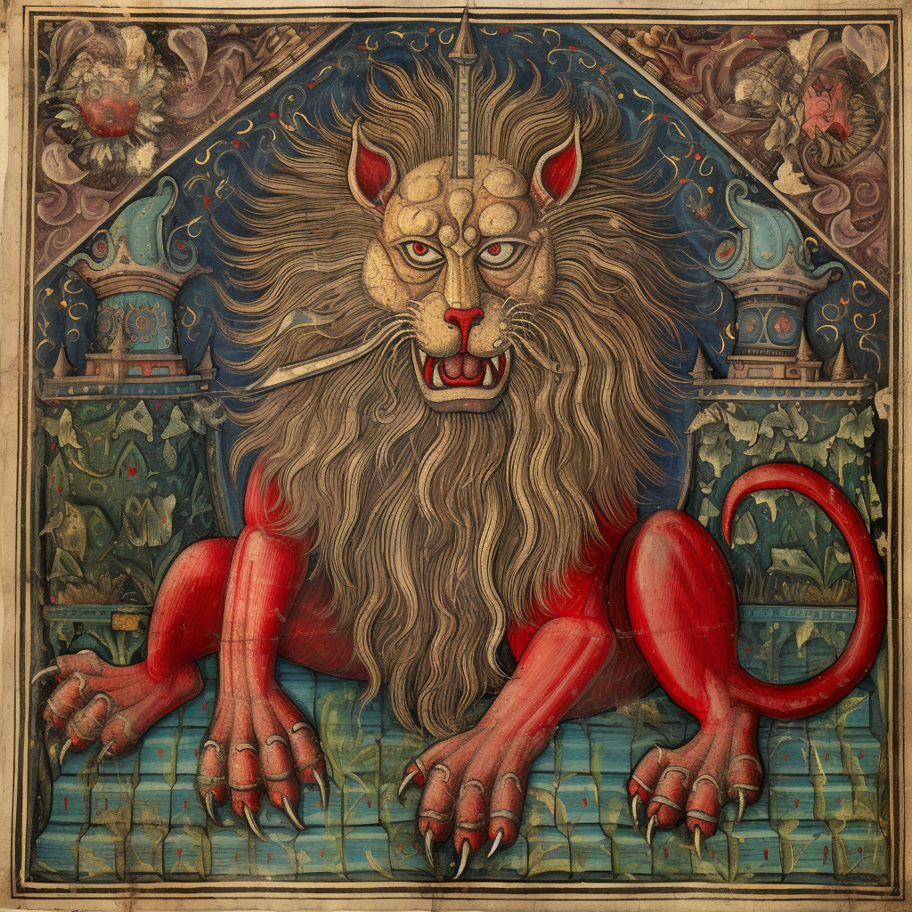 Mythical manticore creature in medieval illuminated manuscript style