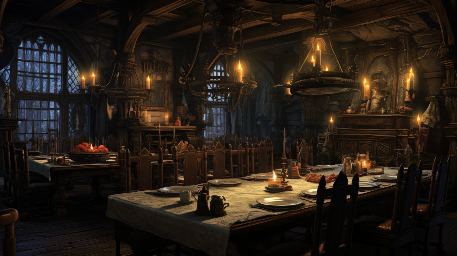 Dimly lit medieval dining room