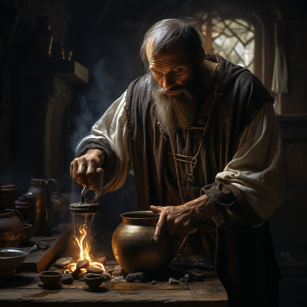 Innkeeper pouring drink in medieval setting