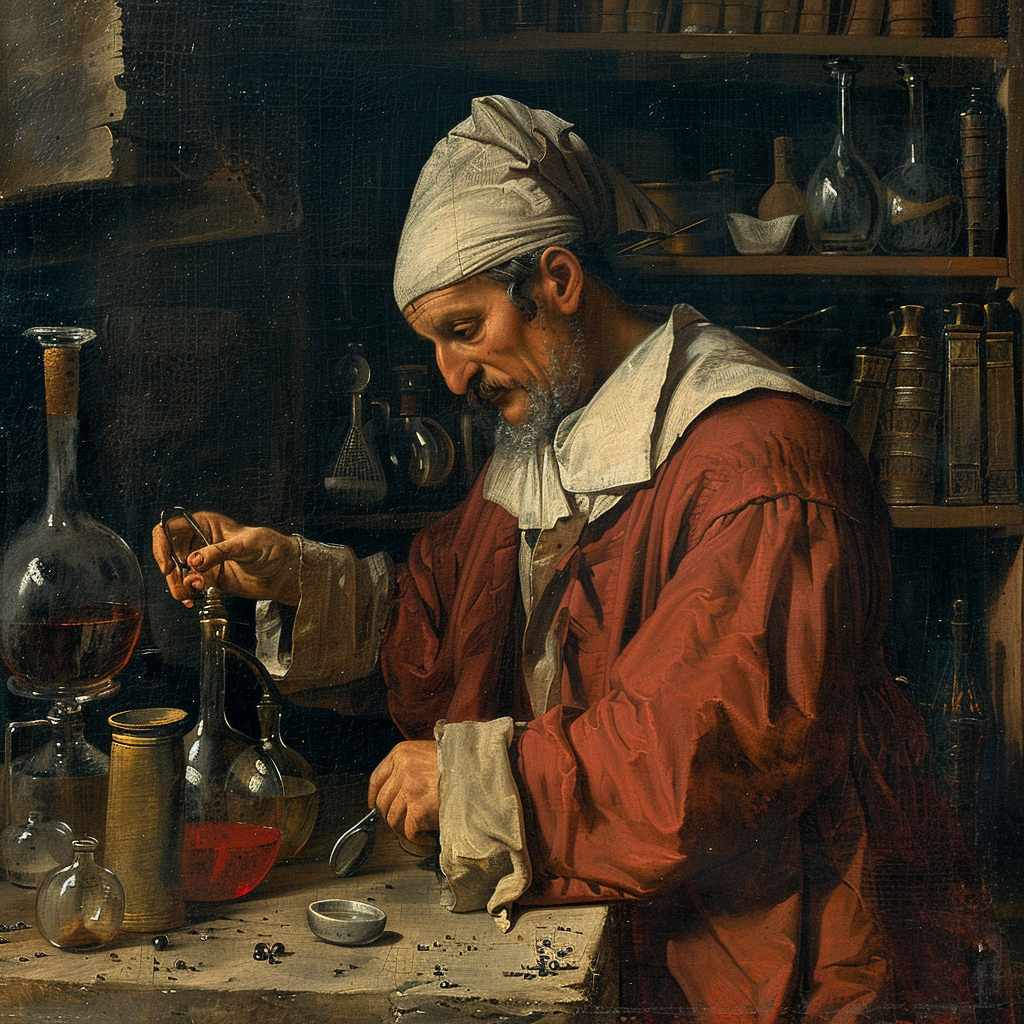 Italian scientist in medieval setting