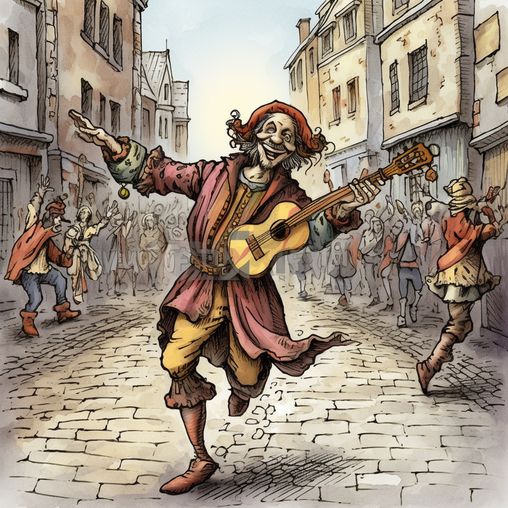 Medieval jester dancing and singing