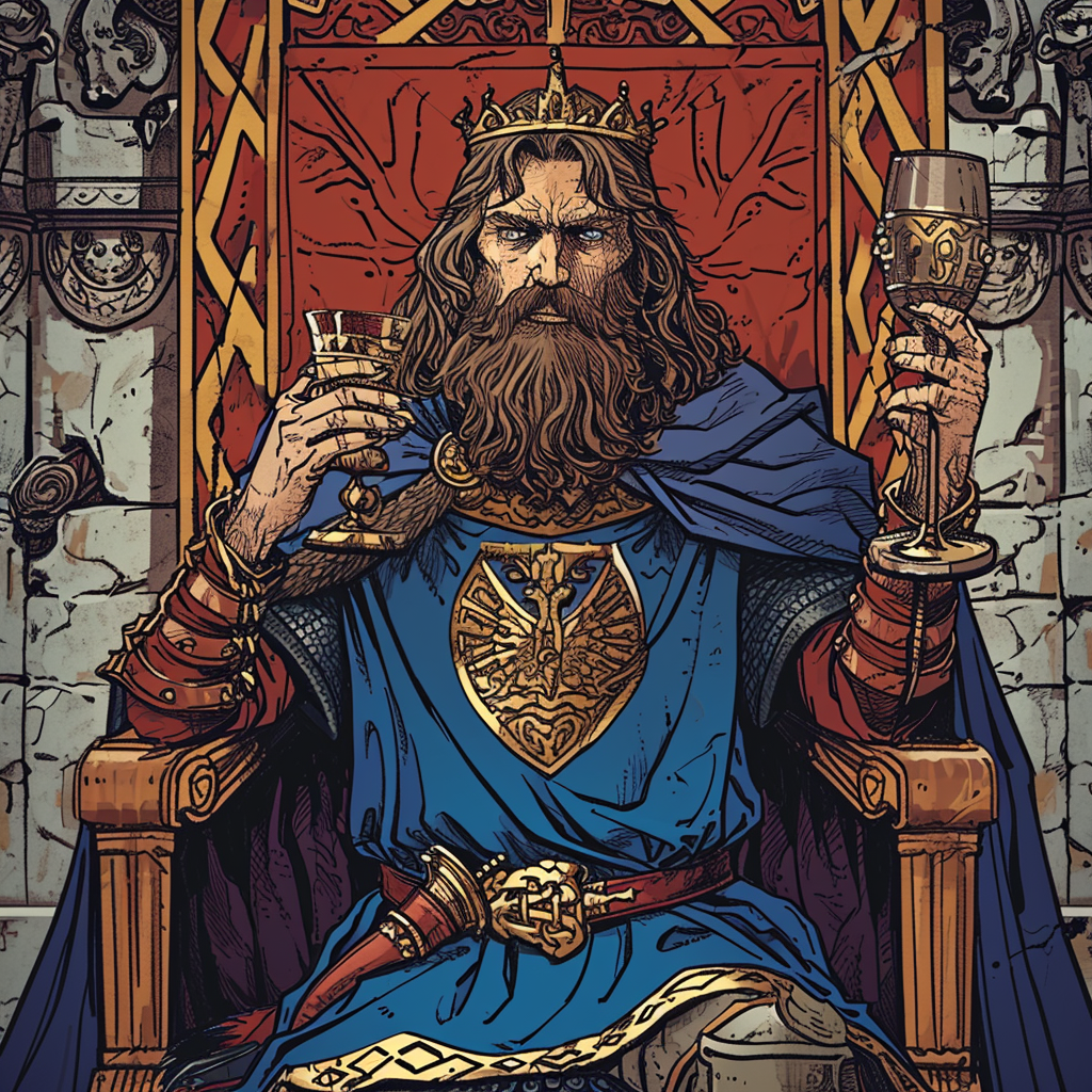 Medieval king drinking wine with blue cape