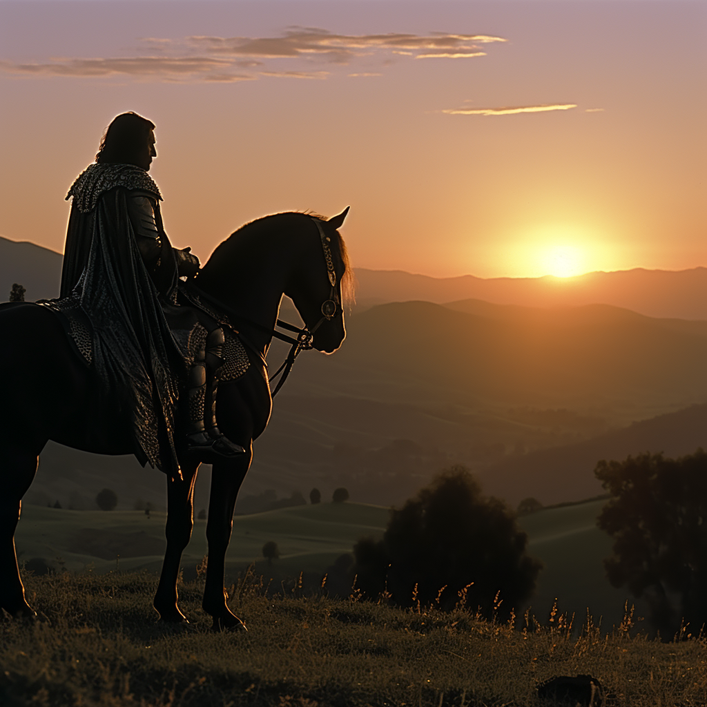 Brave medieval knight on a sunset hill