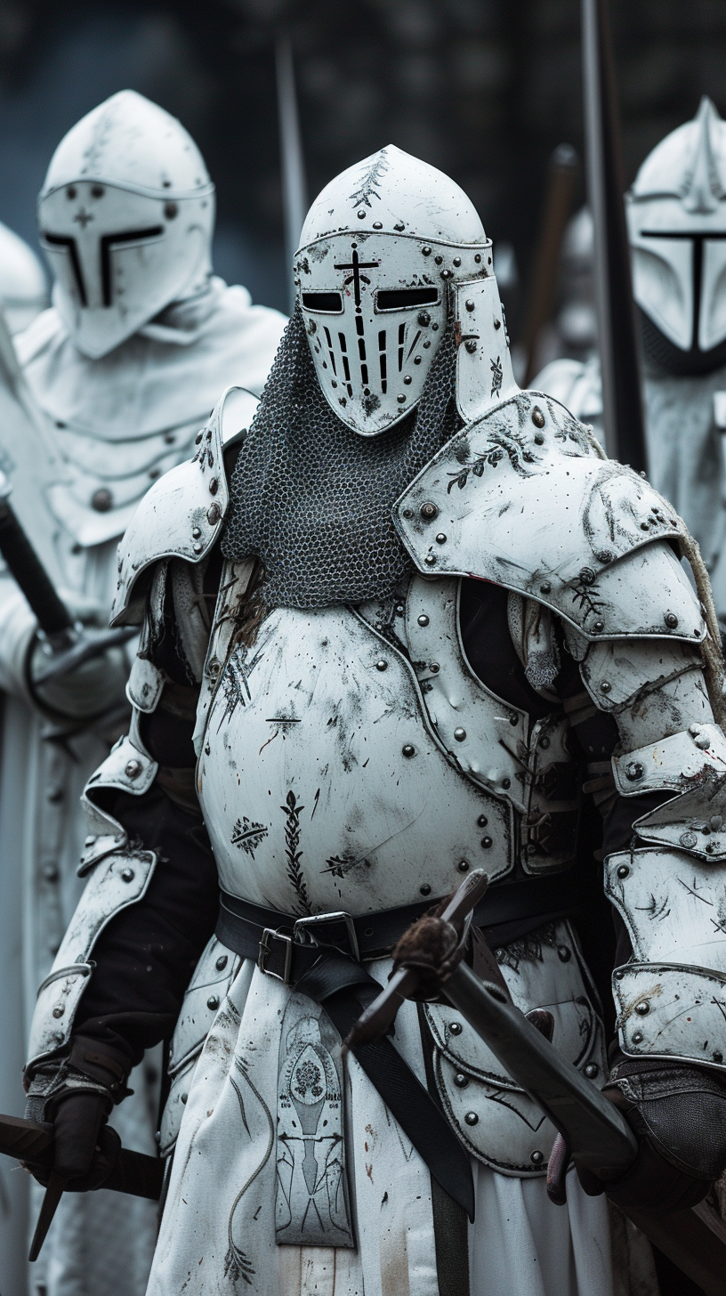 Medieval knights in white armor with black swords