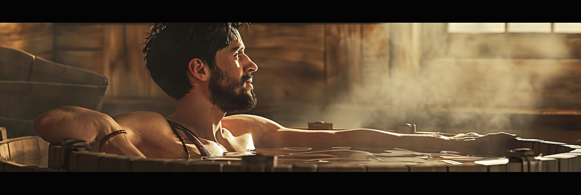 Handsome medieval male relaxing in wooden tub