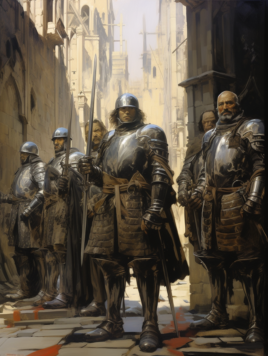 Medieval militia in armor and weapons