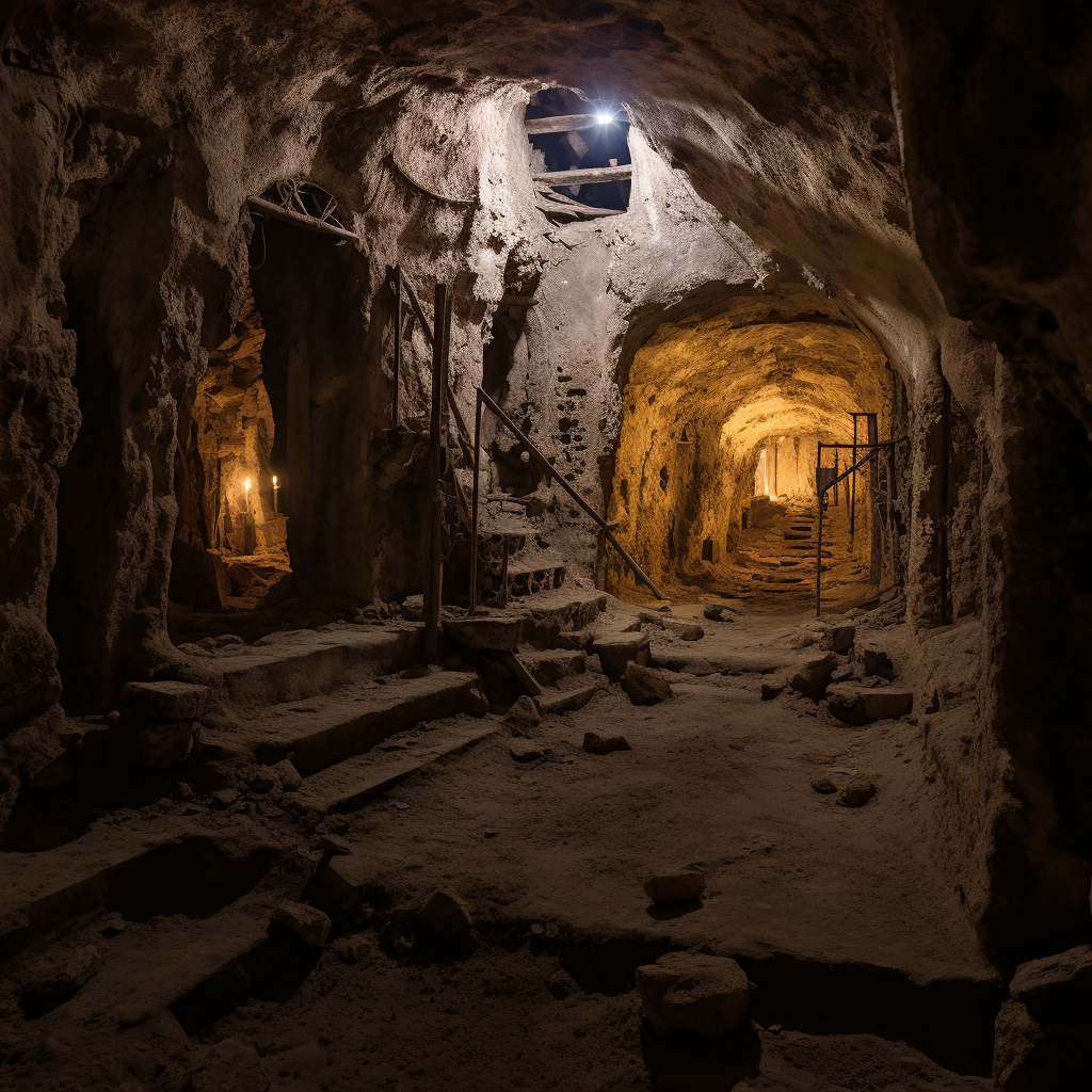 Medieval mine light hovers hall