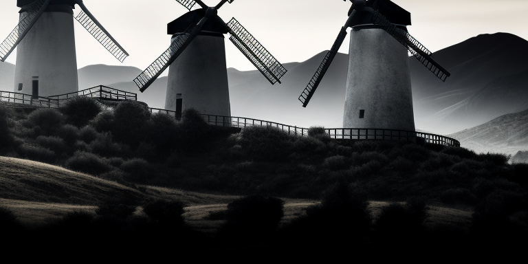 Five medieval windmills on mountain crest