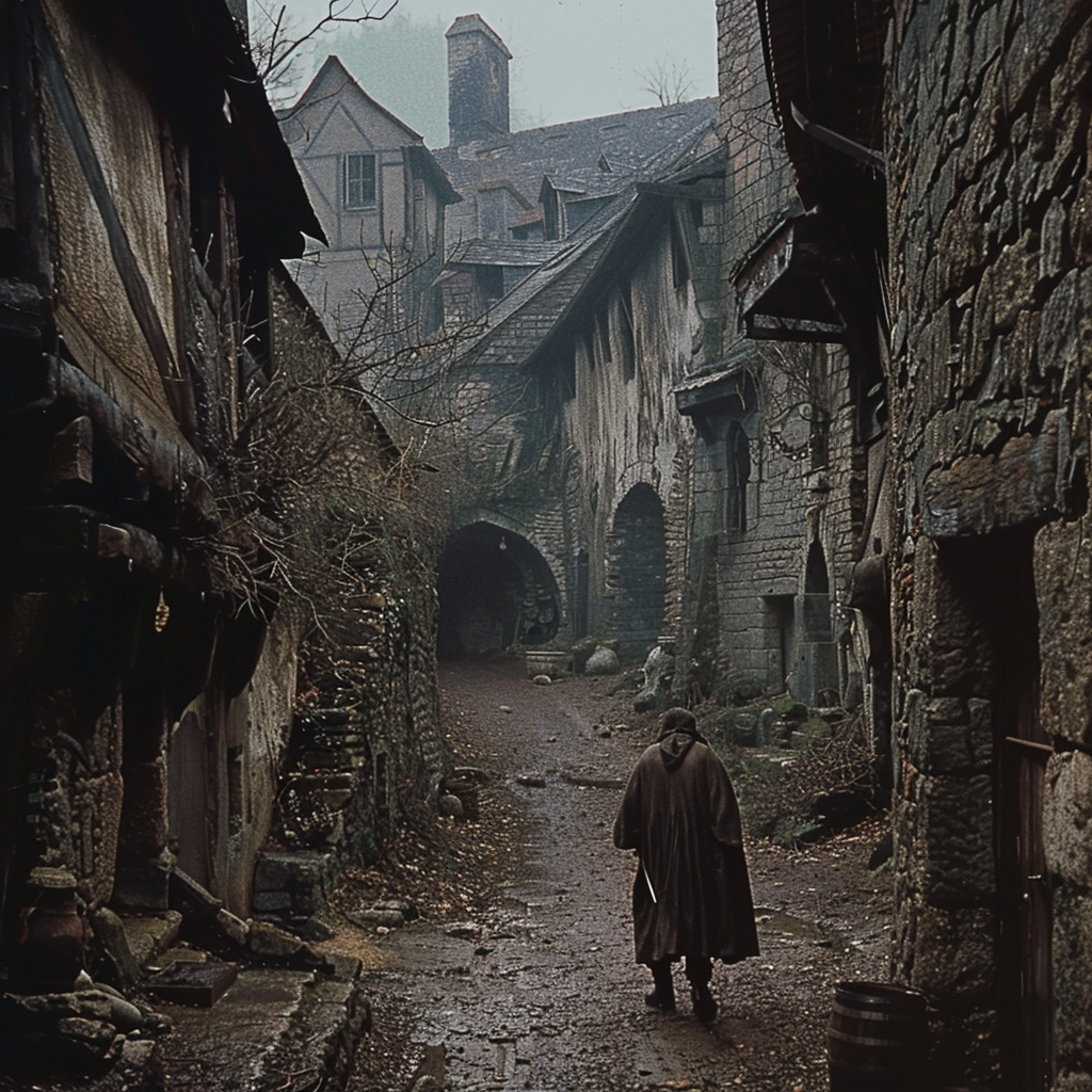 Medieval peasant walking in village