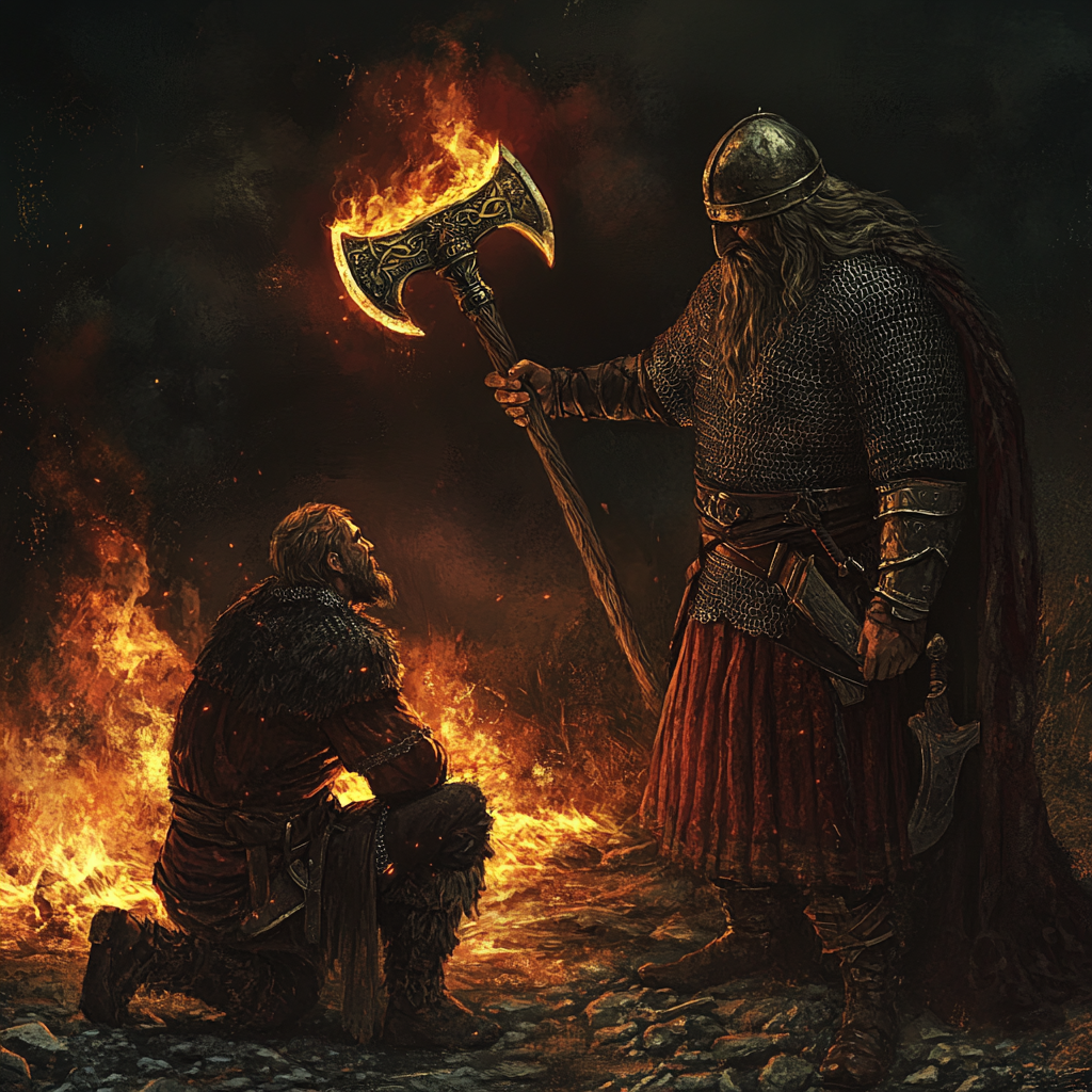 medieval peasant pleading to viking king with flaming axe.