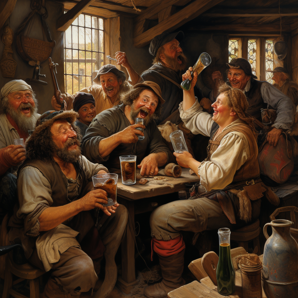 Fun-loving medieval peasants enjoying drinks and laughter