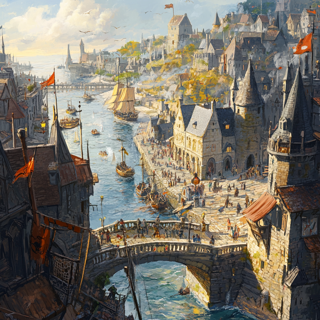 Medieval port city fantasy art scene