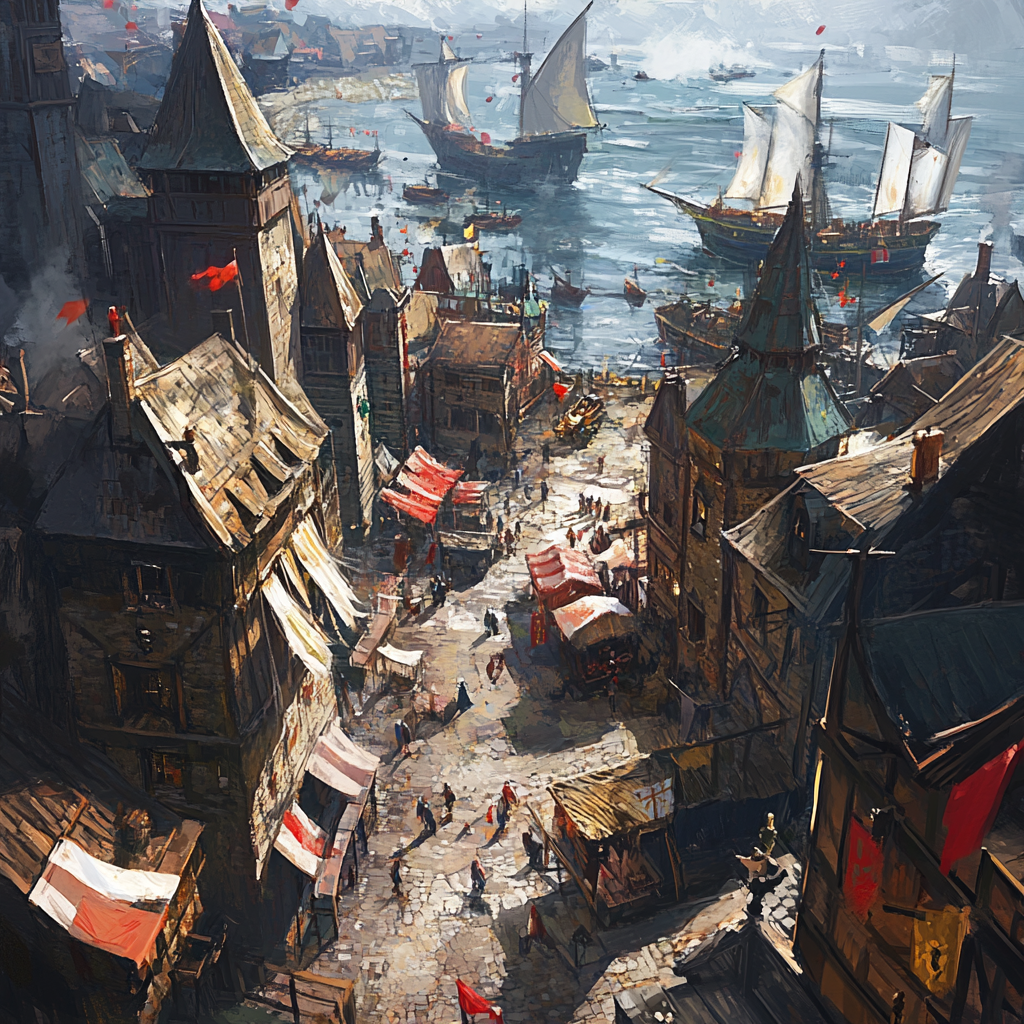 Small medieval port town fantasy art