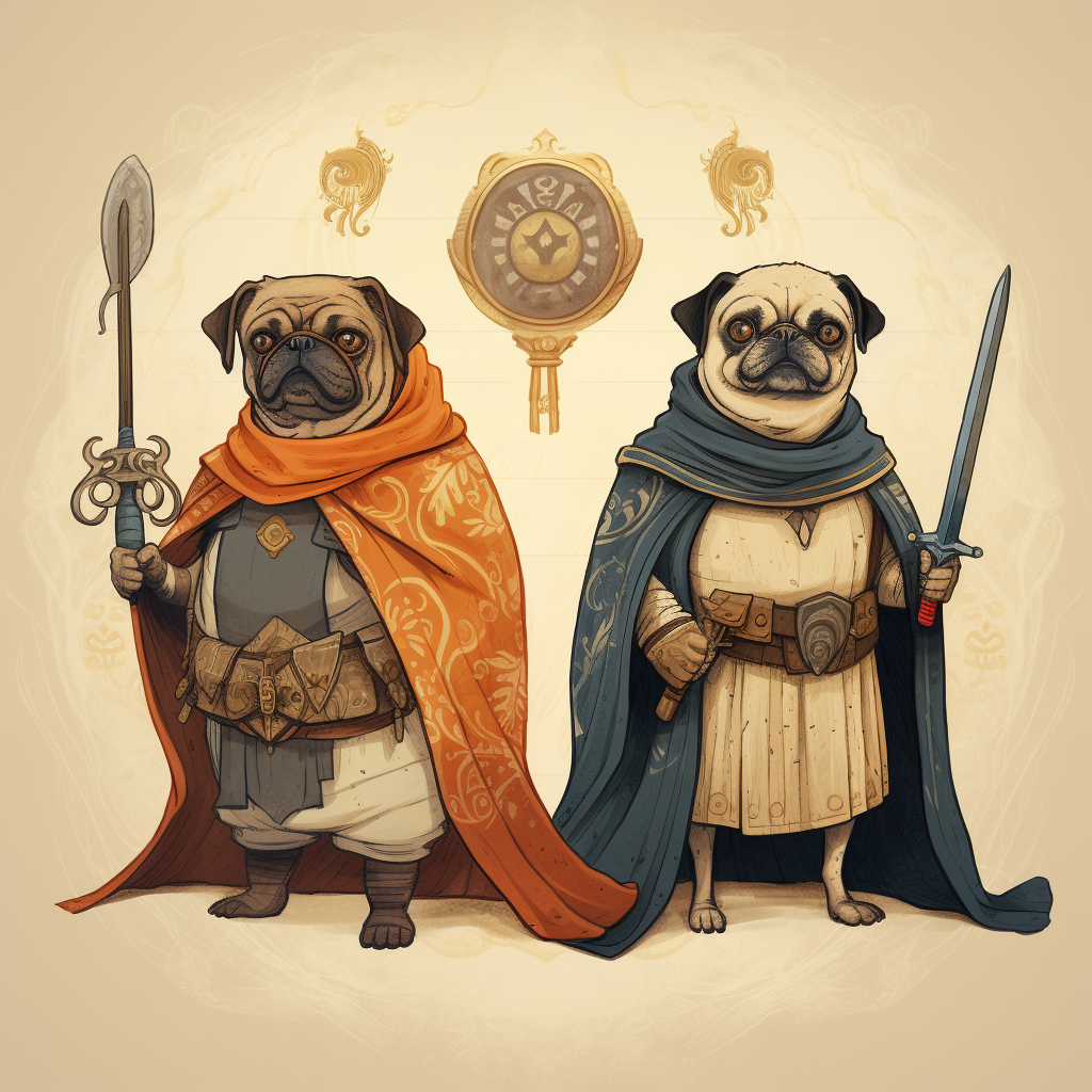 Cute pugs in medieval doodles