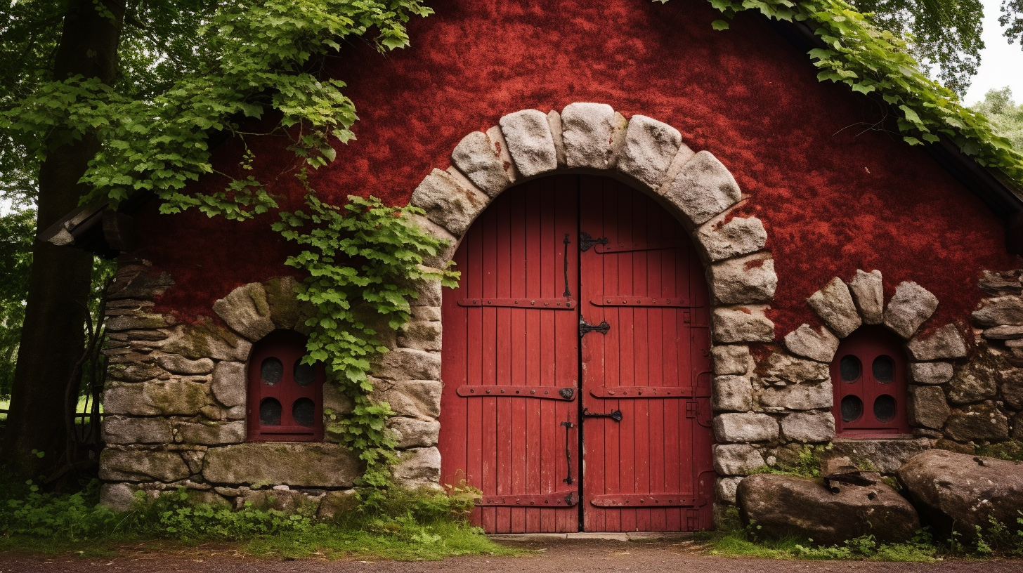 Small medieval red barn with closed doors