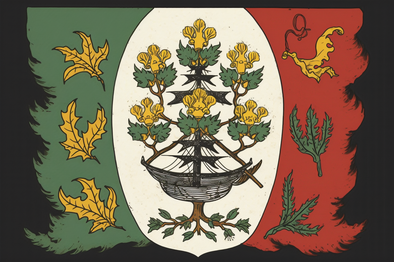 Crest with flags, vexillology, and seashell on pine tree