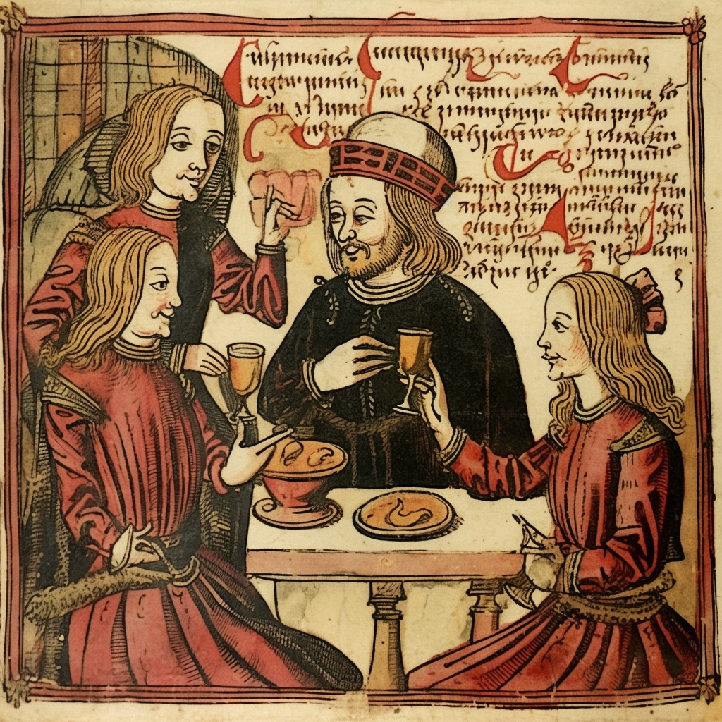 Medieval caricature of a wealthy man surrounded by girls and wine