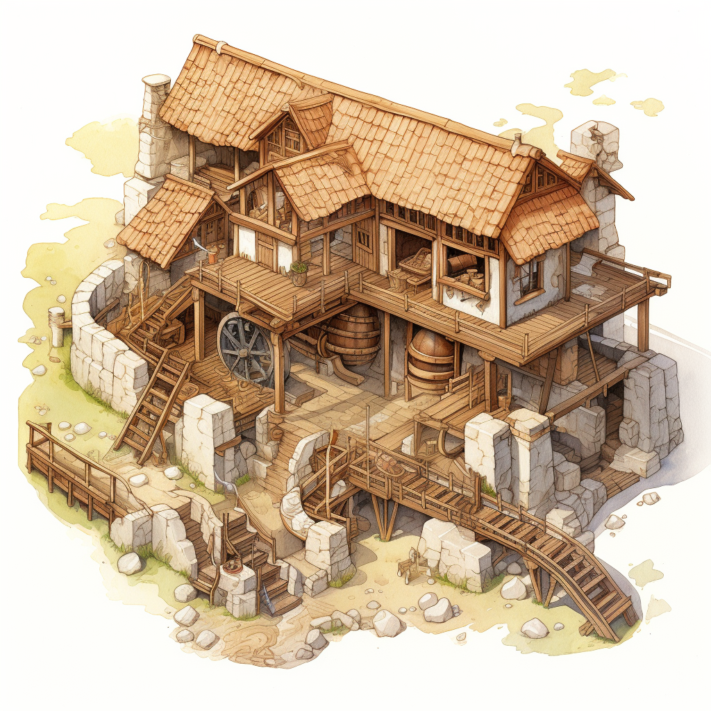 Isometric drawing of a medieval sawmill