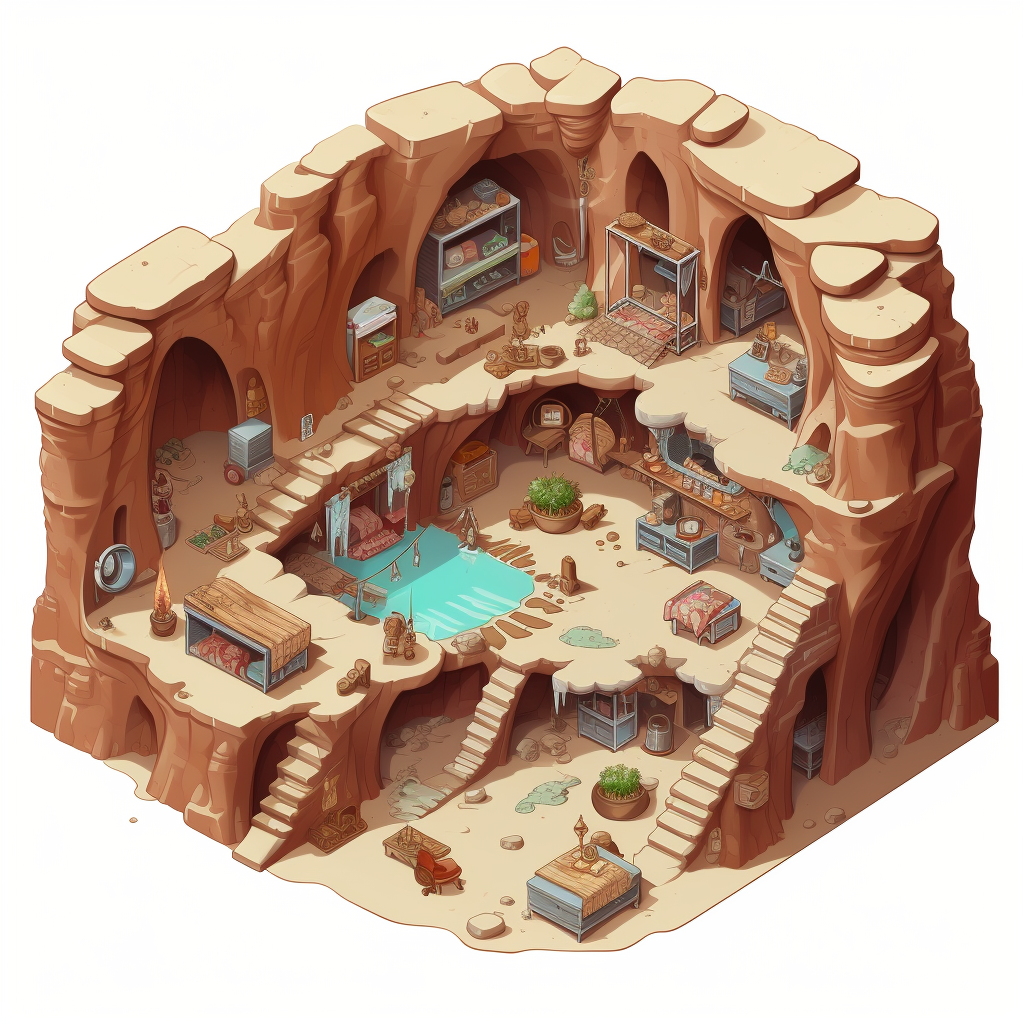 Isometric drawing of a medieval spy cave hideout