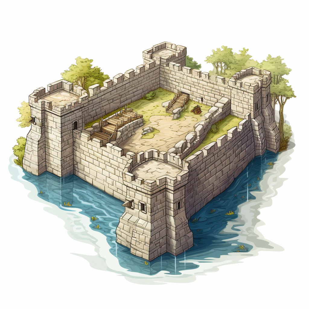 Isometric drawing of medieval stone wall with moat