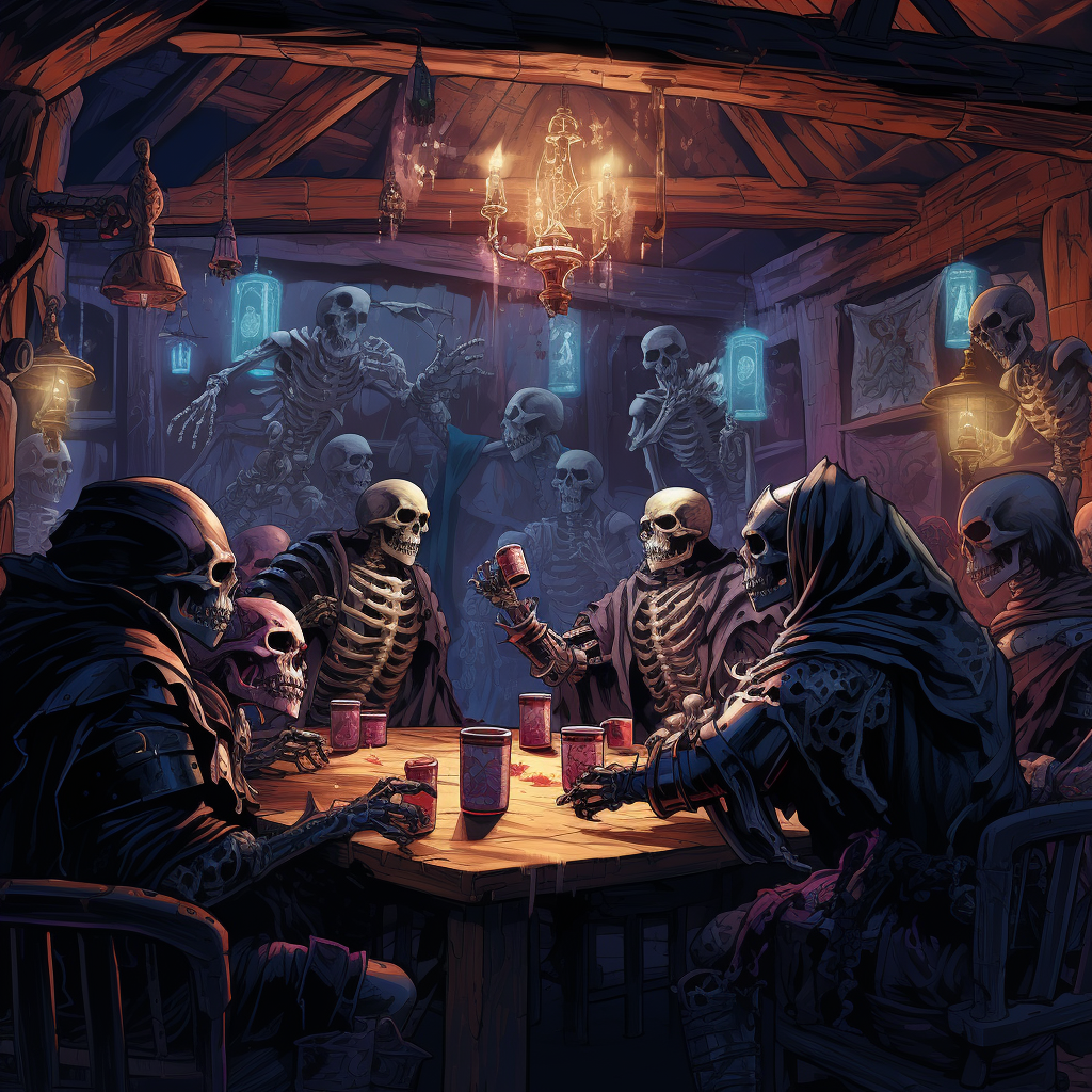 Skeletons in Dark Robes Drinking Beer