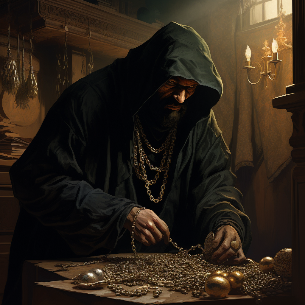 Medieval thief stealing gold jewels