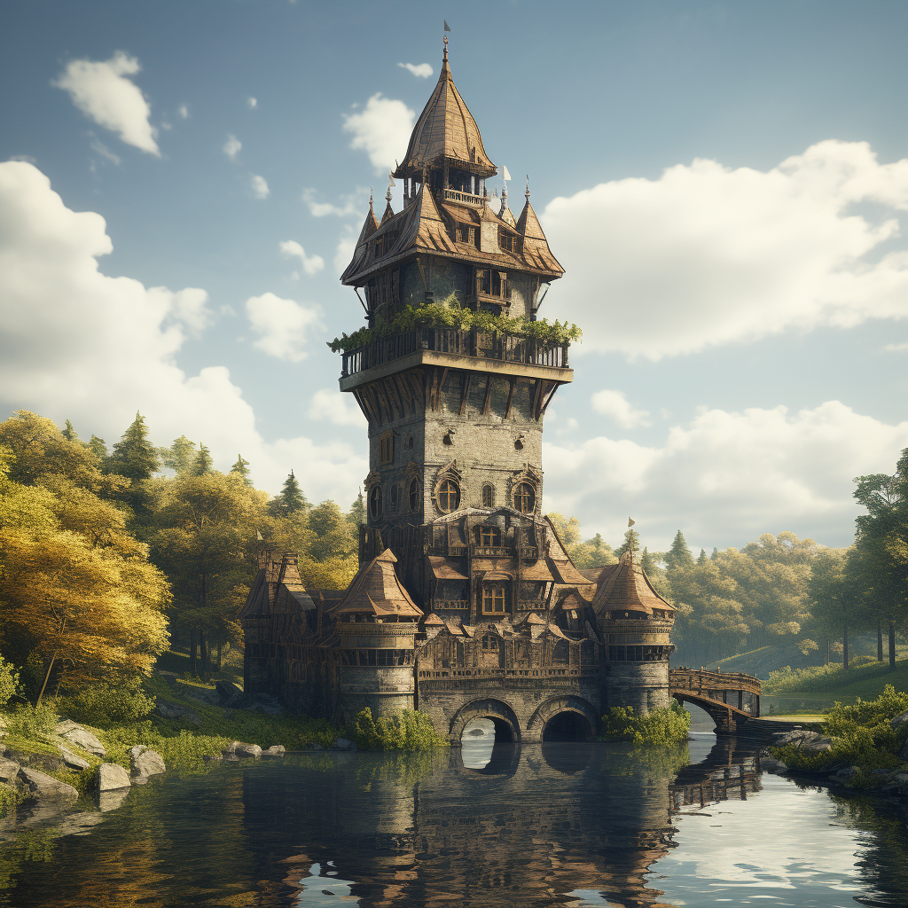 Majestic medieval tower standing in river