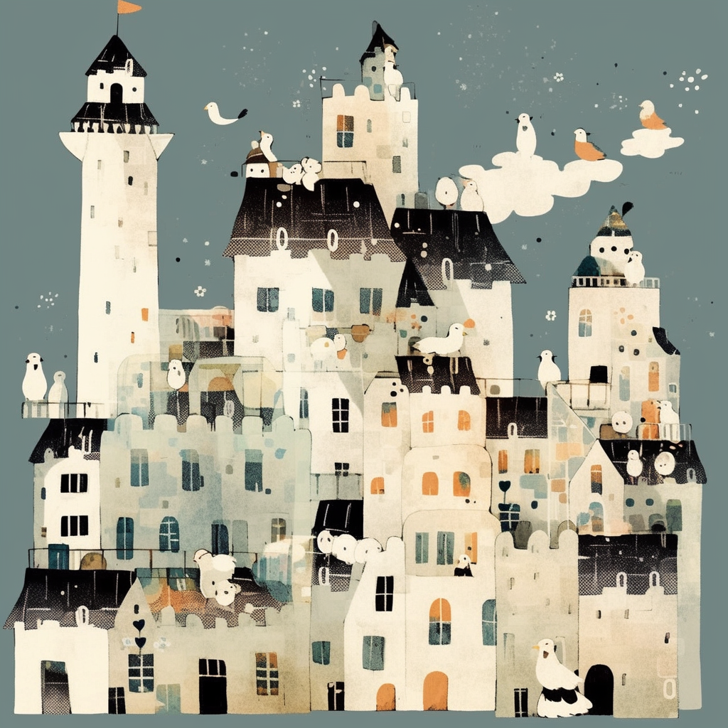 Medieval town covered in snow with minimalistic design