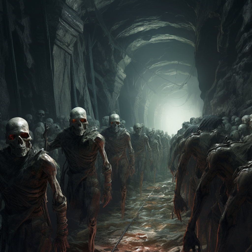 Undead soldiers walking in medieval tunnel