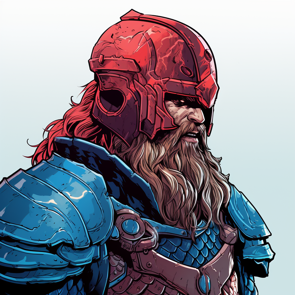 Medieval Viking with Red Helmet and Blue Wear