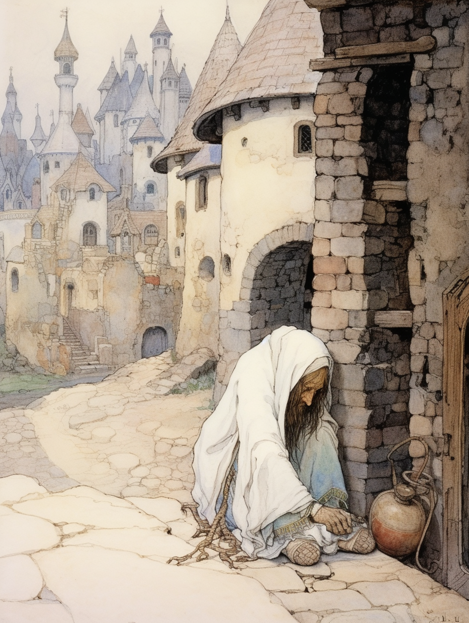 Illustration of a medieval village beggar