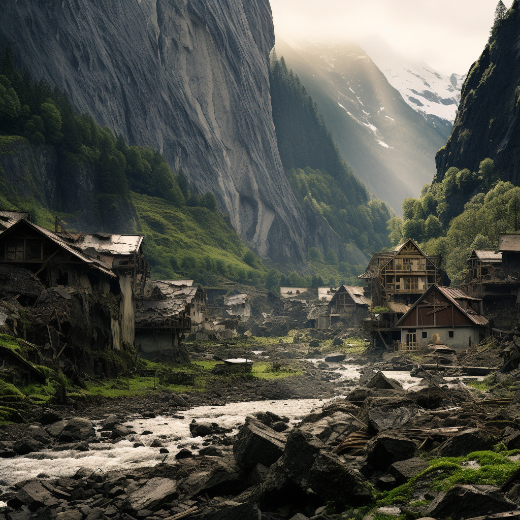 Damaged medieval village after devastating landslide