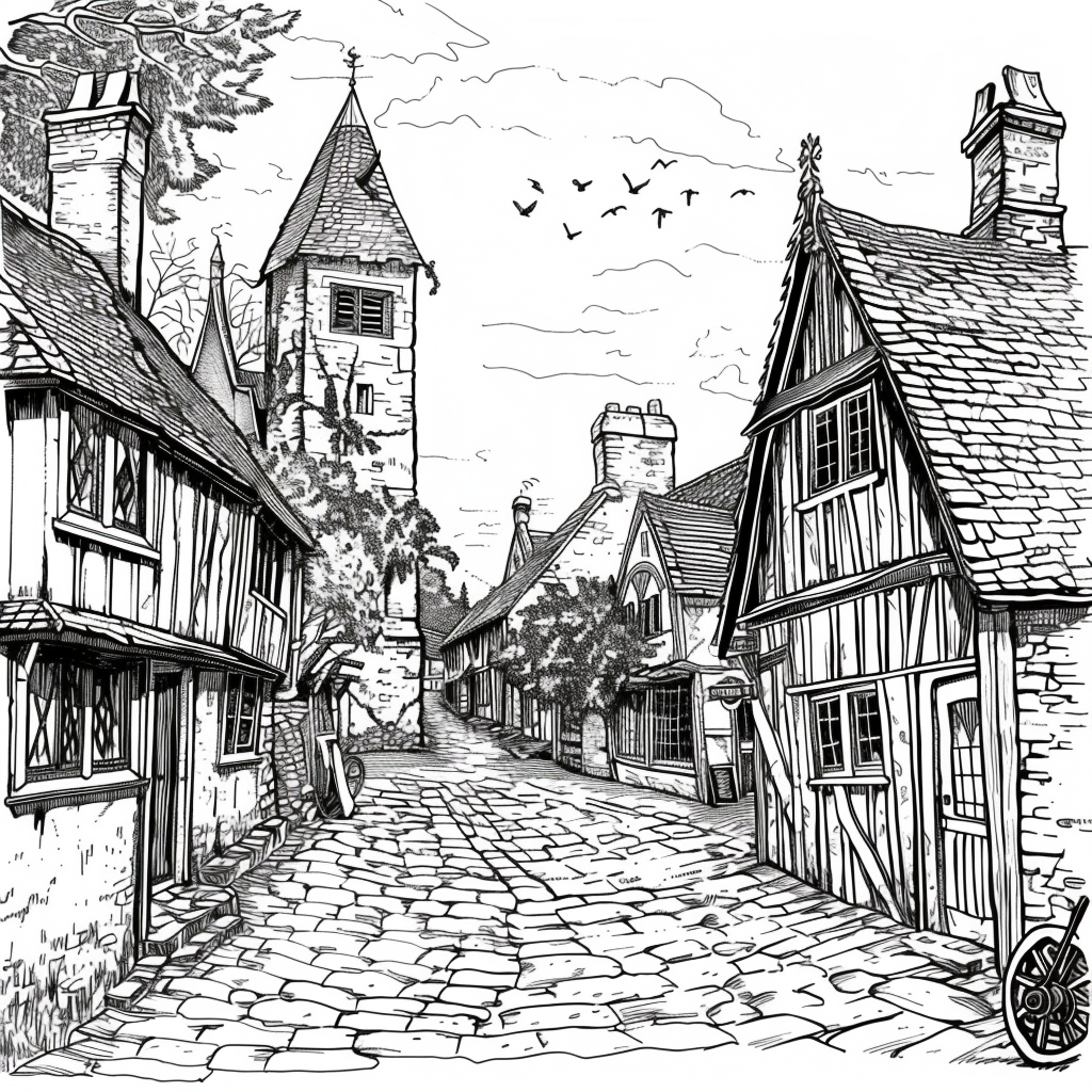 Cartoon Medieval Village England Lineart