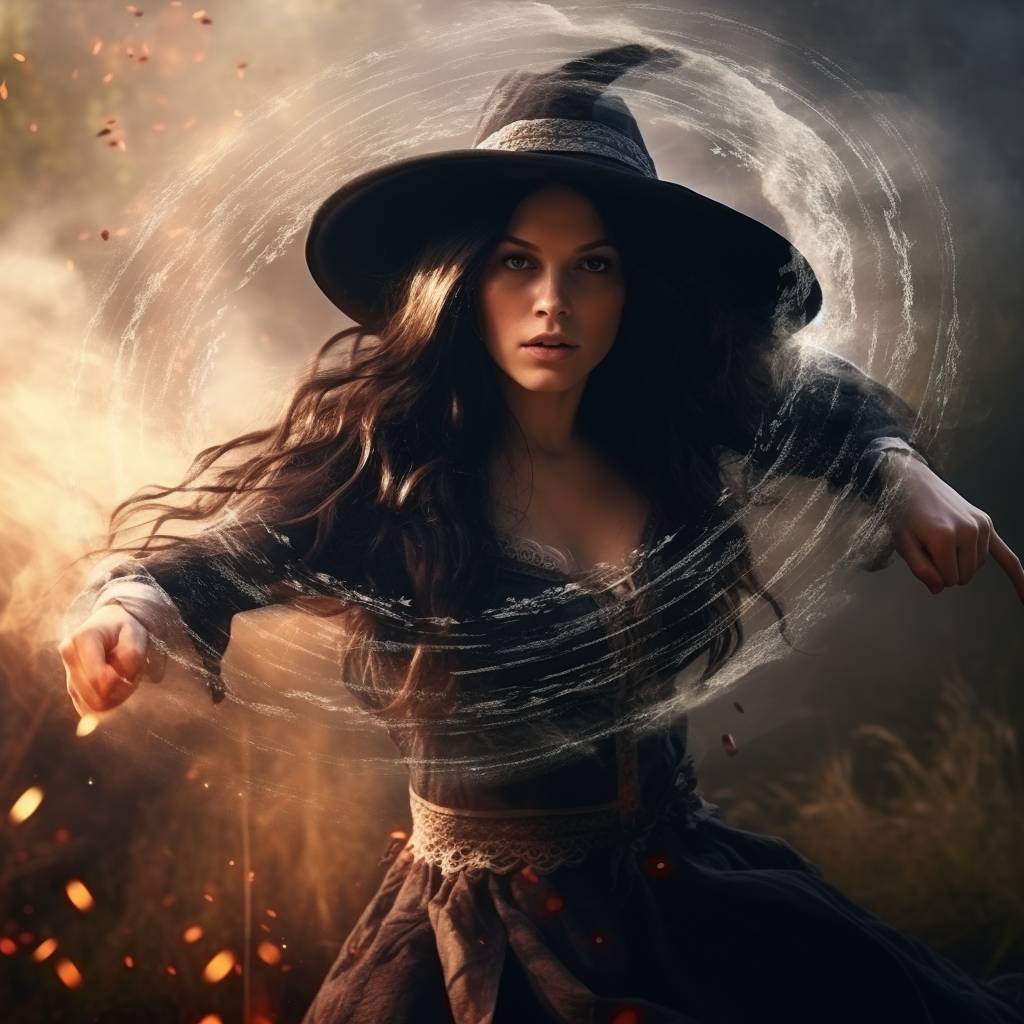 Young Medieval Witch Casting Magical Shield