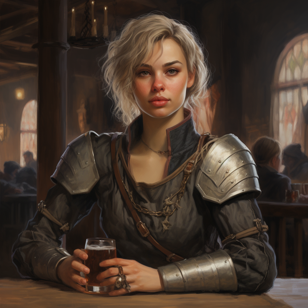 Medieval woman in leather armor at tavern